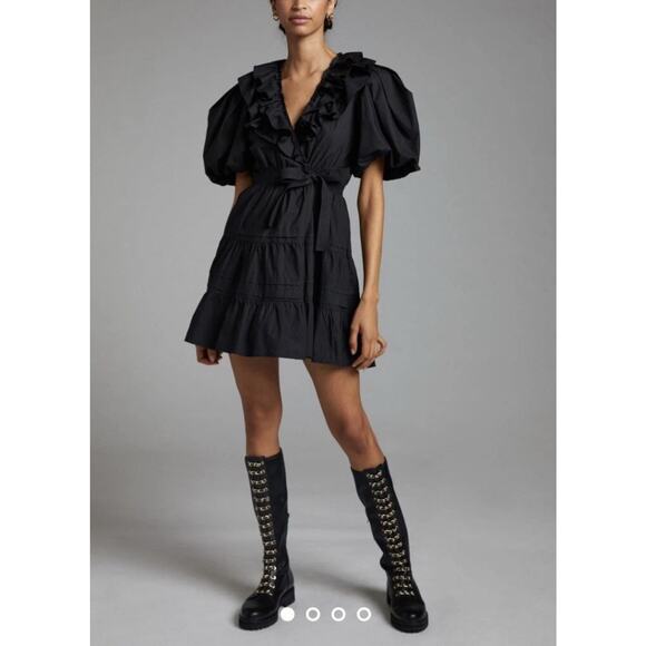 Love The Label Remy Balloon Sleeve Wrap Mini Dress In Black Ruffle L - Picture 1 of 6